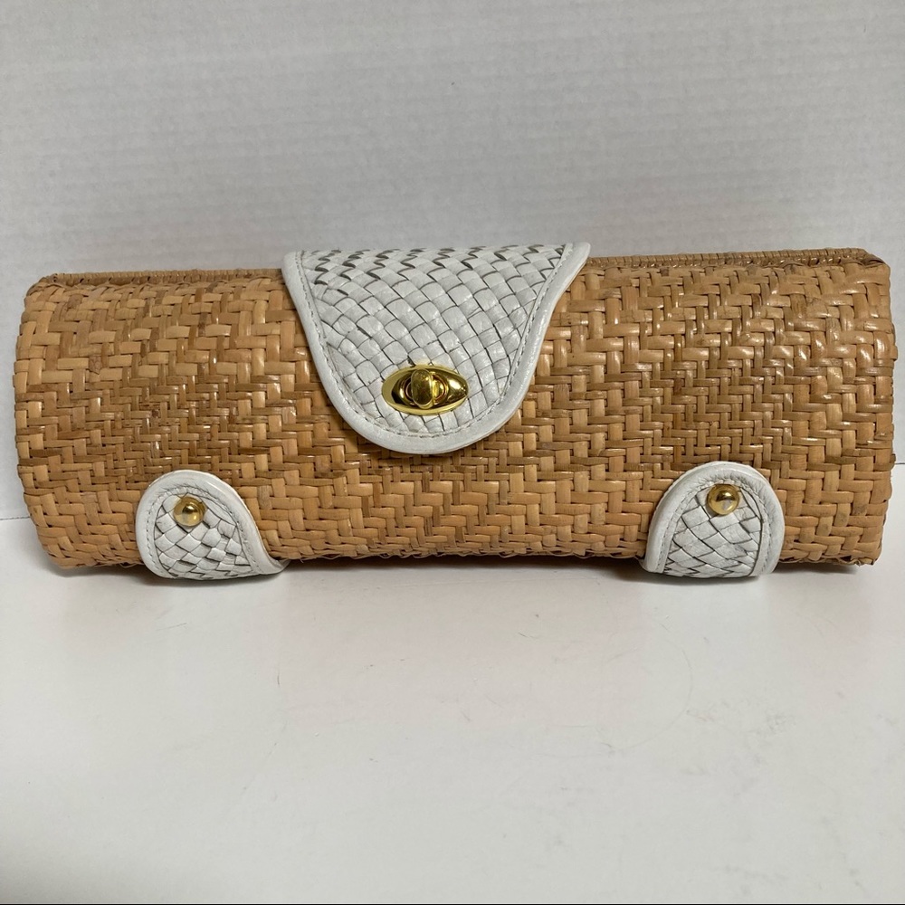 Yul Taylor woven wicker Leather trim clutch purse